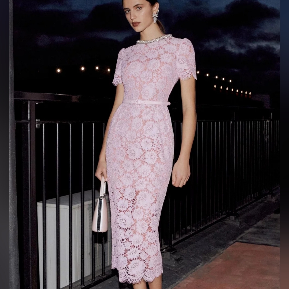 Self-Portrait Pink Fine Lace Pearl Midi Dress